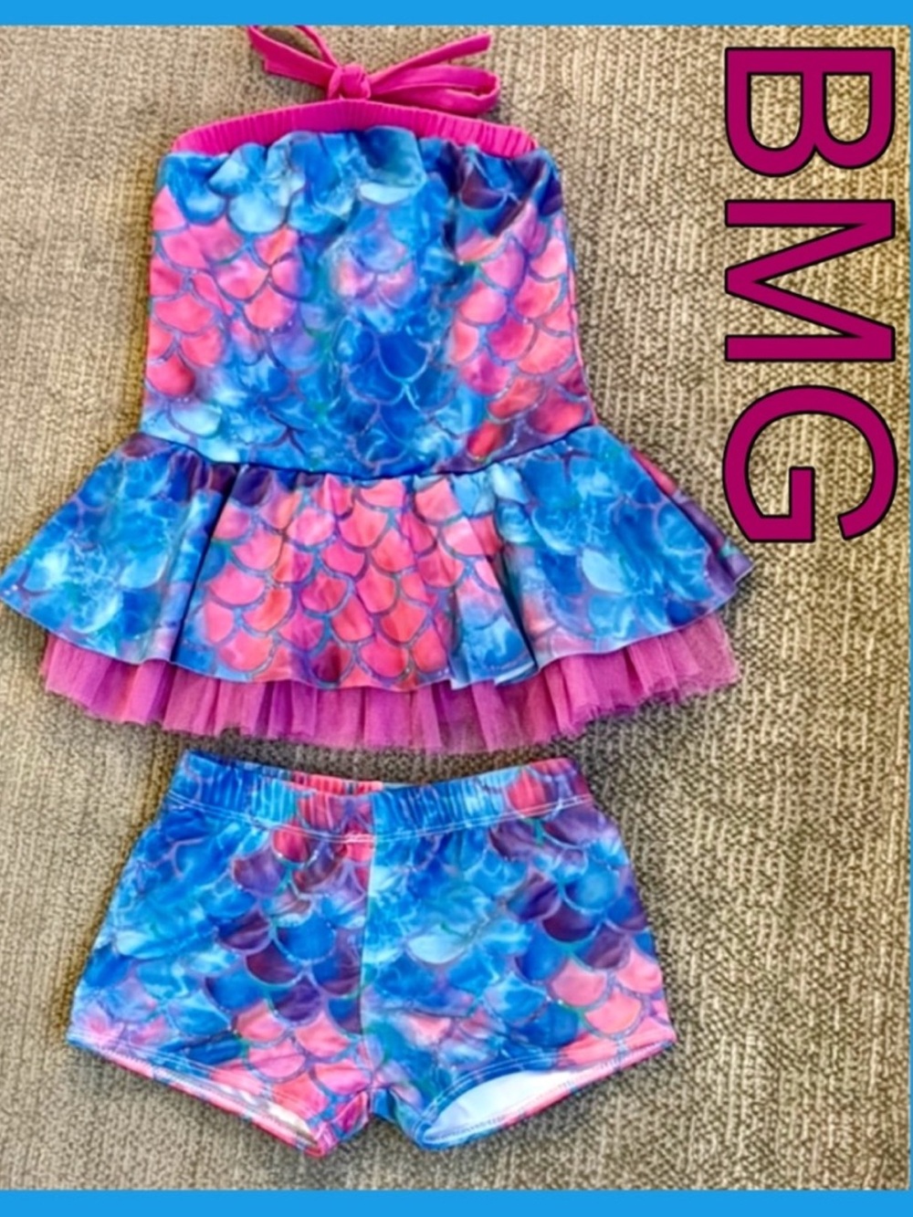 Mermaid Blue & Pink Floral 2pc Swim Suit, Ruffle, Halter, Trunk Briefs ~ Sz 4/5